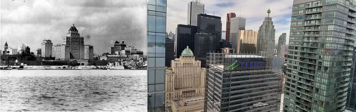 America before-and-after photos show a city skyline evolving from historic buildings to modern skyscrapers over water.