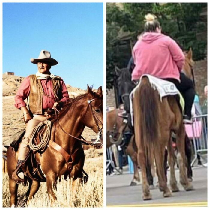 Before-and-after photos of horse riders showing how much America has changed, from classic cowboy to modern-day casual.