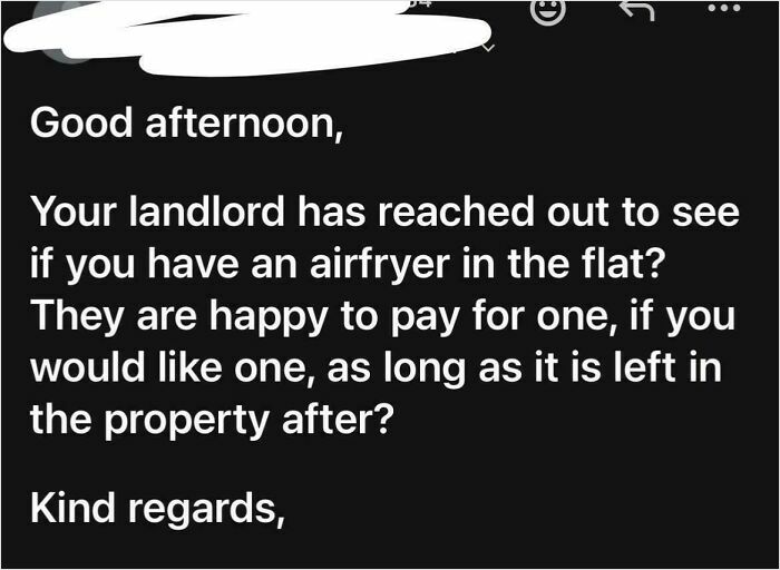 An email from a landlord asking about an airfryer in the flat, showing how landlords make tenant's life miserable.