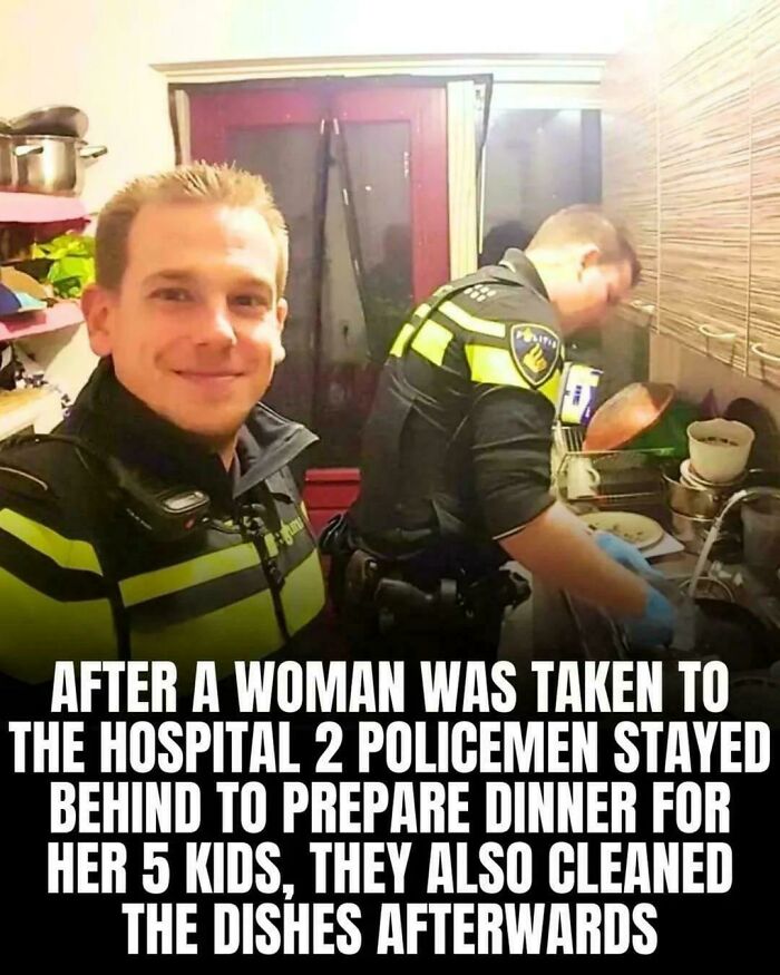 Two policemen helping a family by cooking dinner and cleaning dishes, a much-needed break from everything.