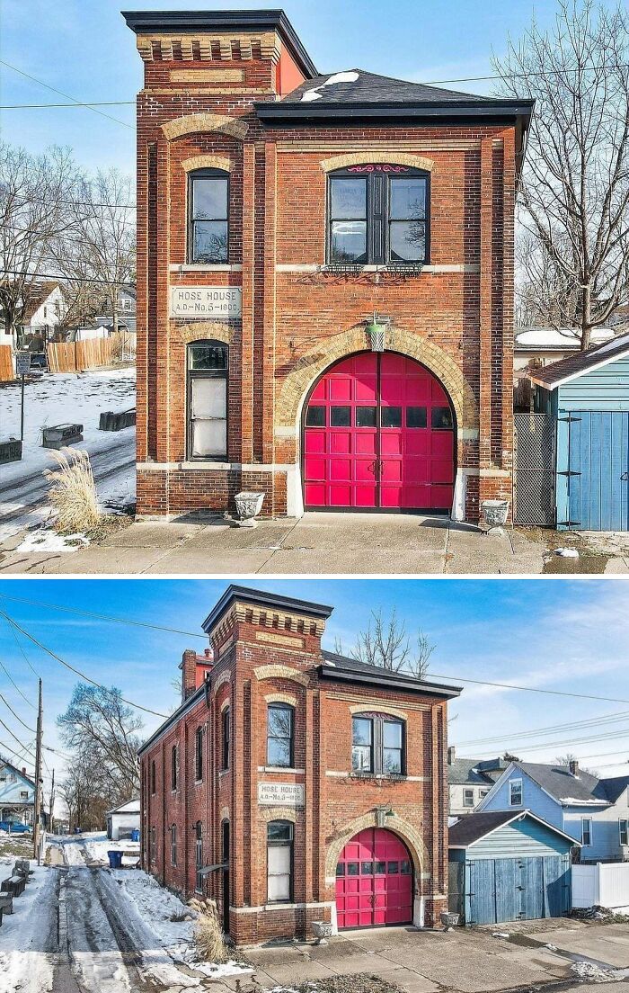 A cool and unusual home, an old brick firehouse with a large red garage door converted into a unique residential space.