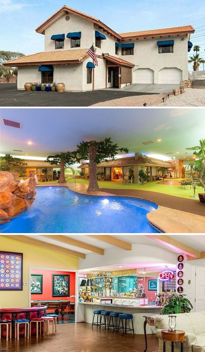 A wacky and unusual home with an underground bunker featuring a swimming pool, fake trees, and a vibrant bar area.