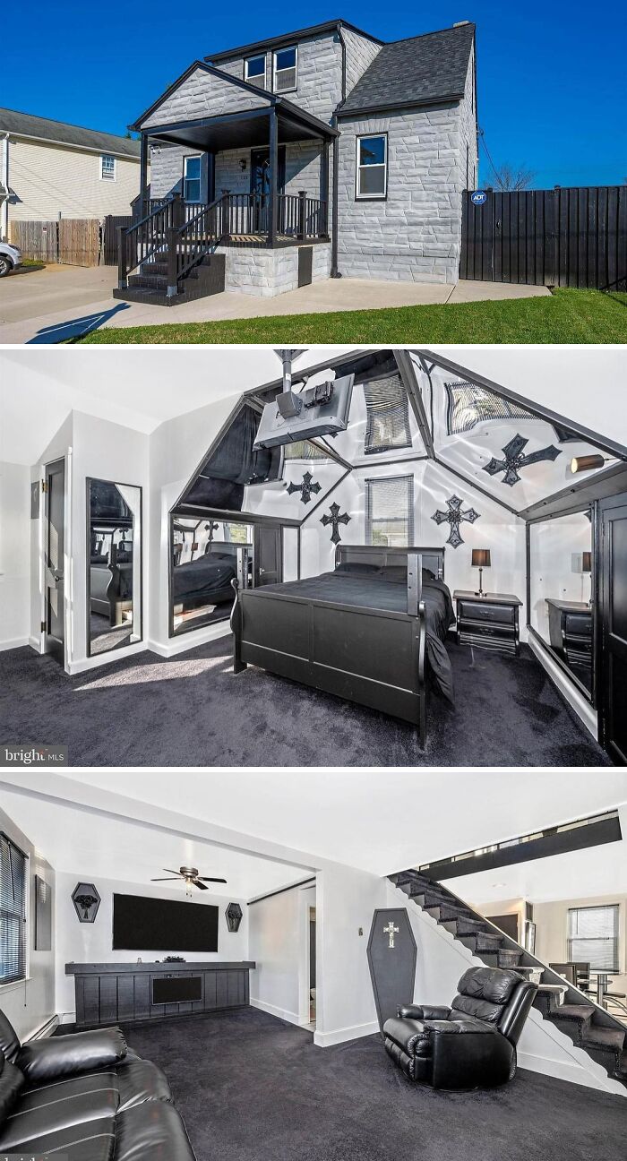 A wacky and unusual home with a black and white exterior, a gothic-style bedroom with a coffin-shaped bed frame, and dark decor.