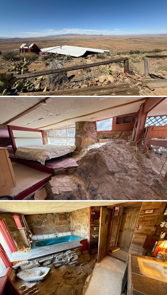An unusual home built into a rocky desert landscape, featuring a bedroom with a rock formation and a bathroom with a rock tub.