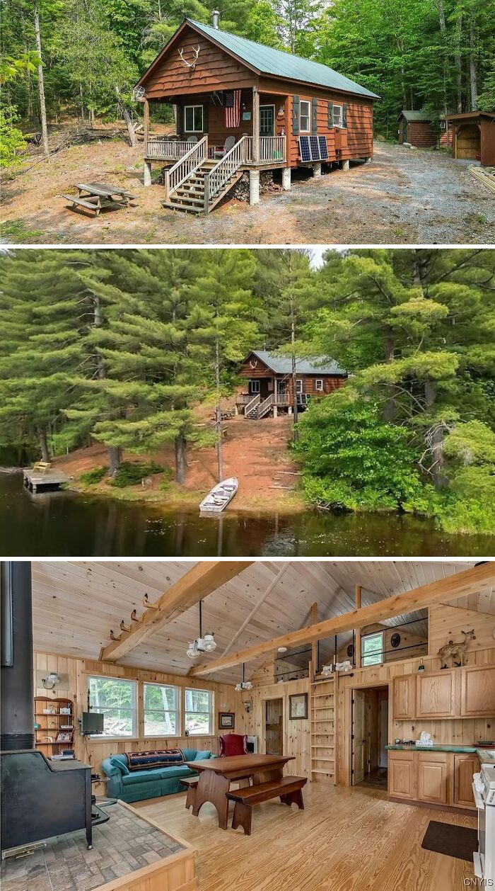 Cozy, rustic cabin, an unusual home, nestled among tall trees by a lake, with an interior view.