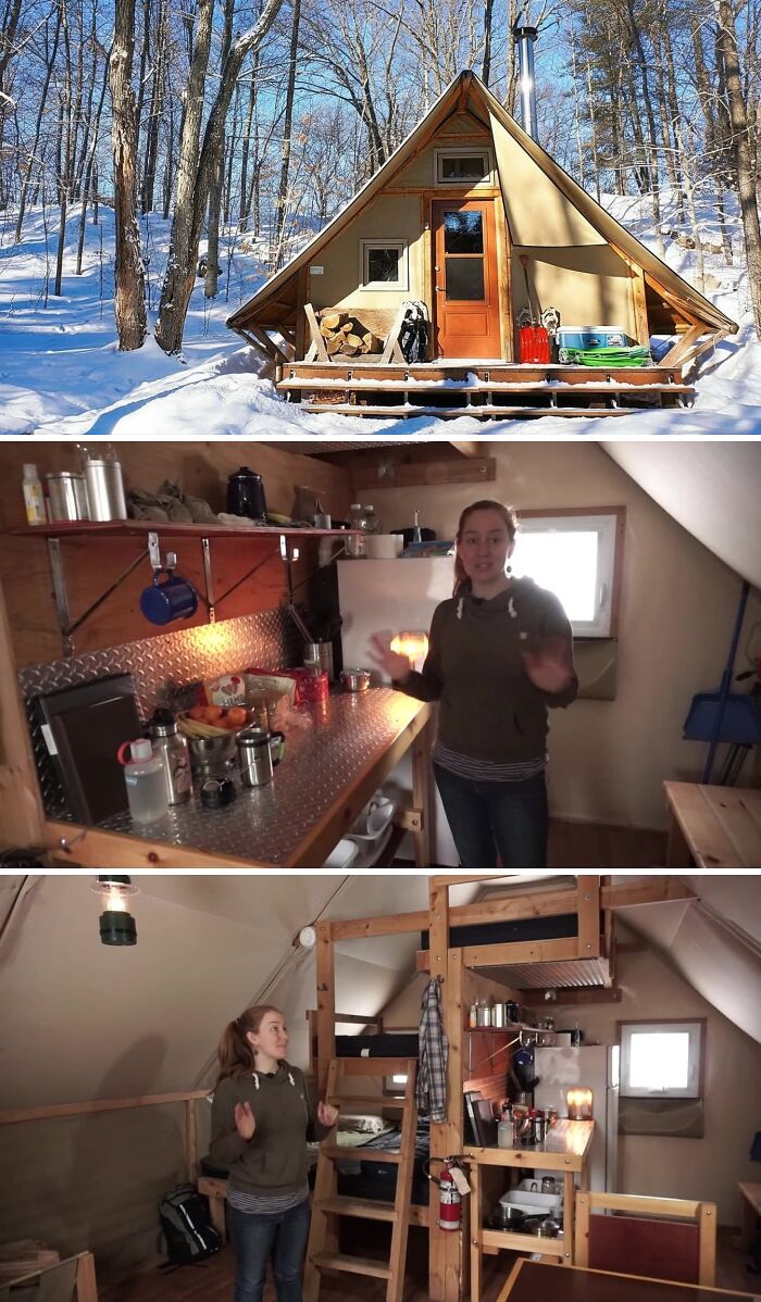 A cozy, unusual home, a pyramid-shaped tent in a snowy forest, with a person inside showing its compact but functional kitchen and living space.