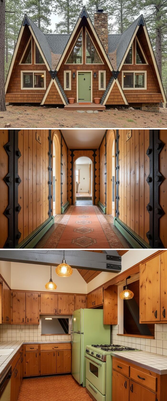 An A-frame unusual home with a vibrant green door, featuring a long, wood-paneled hallway and a retro-style kitchen with green appliances.