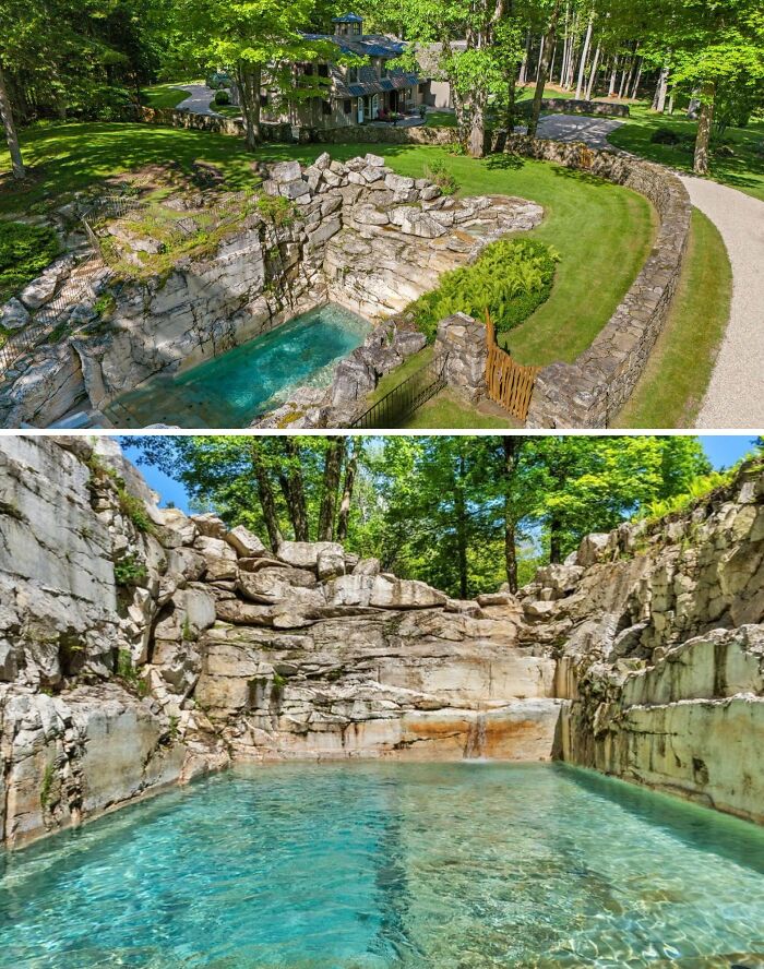 Aerial view of an unusual home with a natural rock-hewn swimming pool and surrounding greenery.