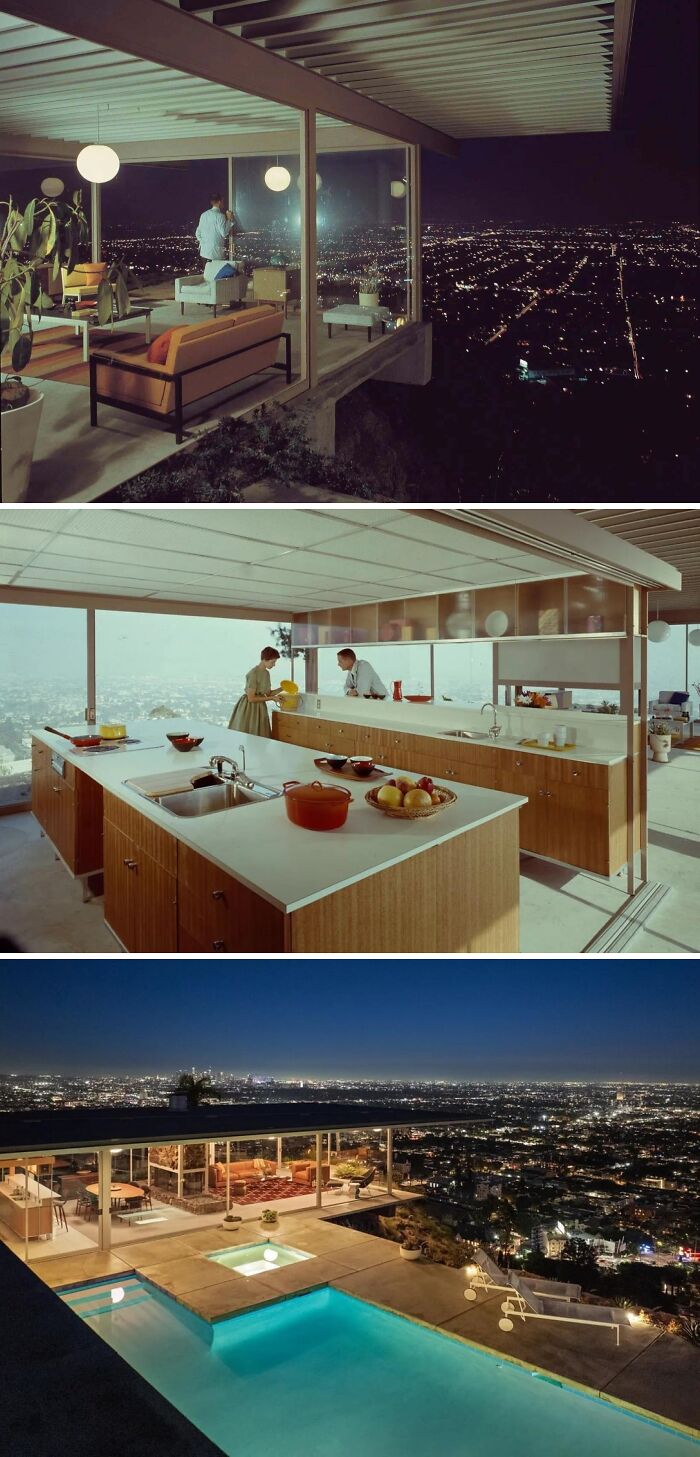 A stylish mid-century modern home overlooking a city at night, with large windows, a spacious kitchen, and an outdoor pool. This is a truly cool home.