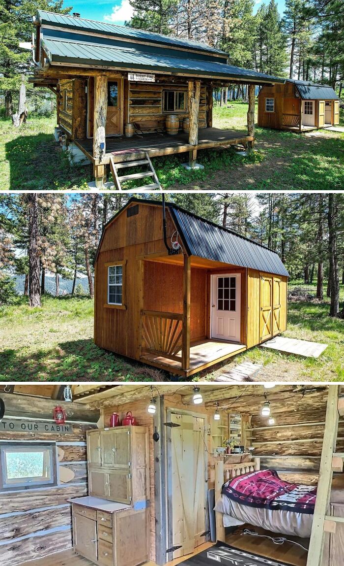 A rustic and cool log cabin in a wooded area, featuring a covered porch and simple interior. This is a charming unusual home.