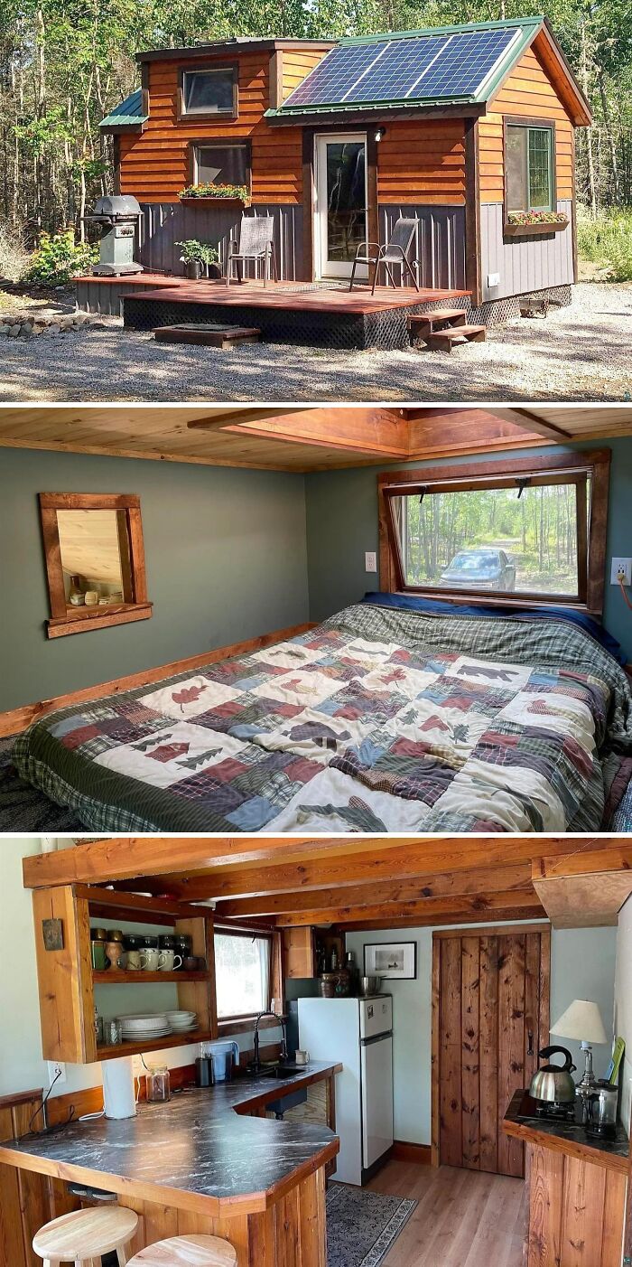 A compact and cool tiny home with solar panels, a small porch, and a cozy bedroom. This is a functional unusual home.