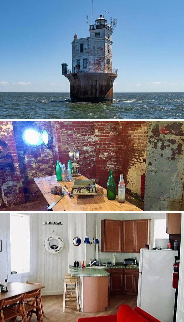 An unusual home resembling a lighthouse in the ocean, with interior shots of its rustic living and kitchen areas.