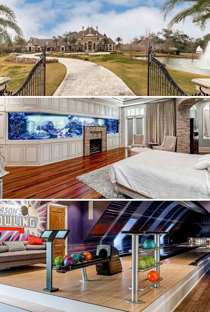 Exterior and interior of a luxurious cool home featuring a grand driveway, a large aquarium bedroom, and an indoor bowling alley.