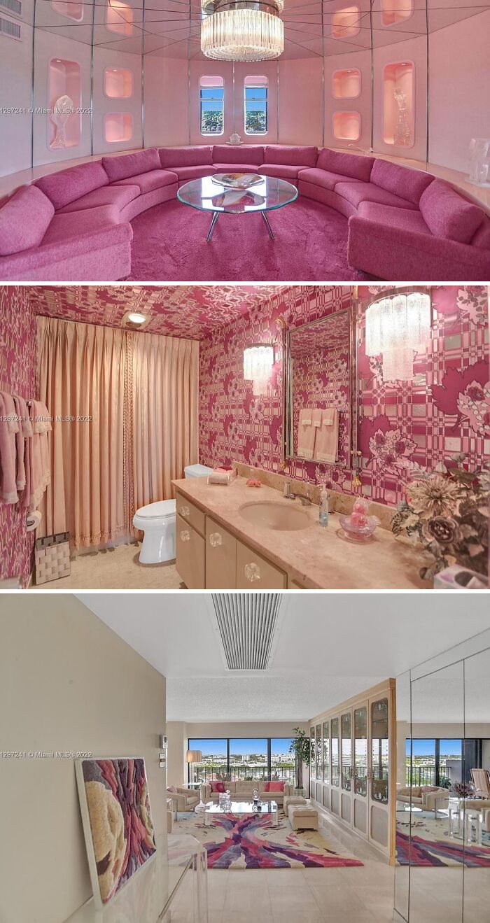A wacky and unusual home interior with an all-pink circular living room, a pink patterned bathroom, and a bright living area.