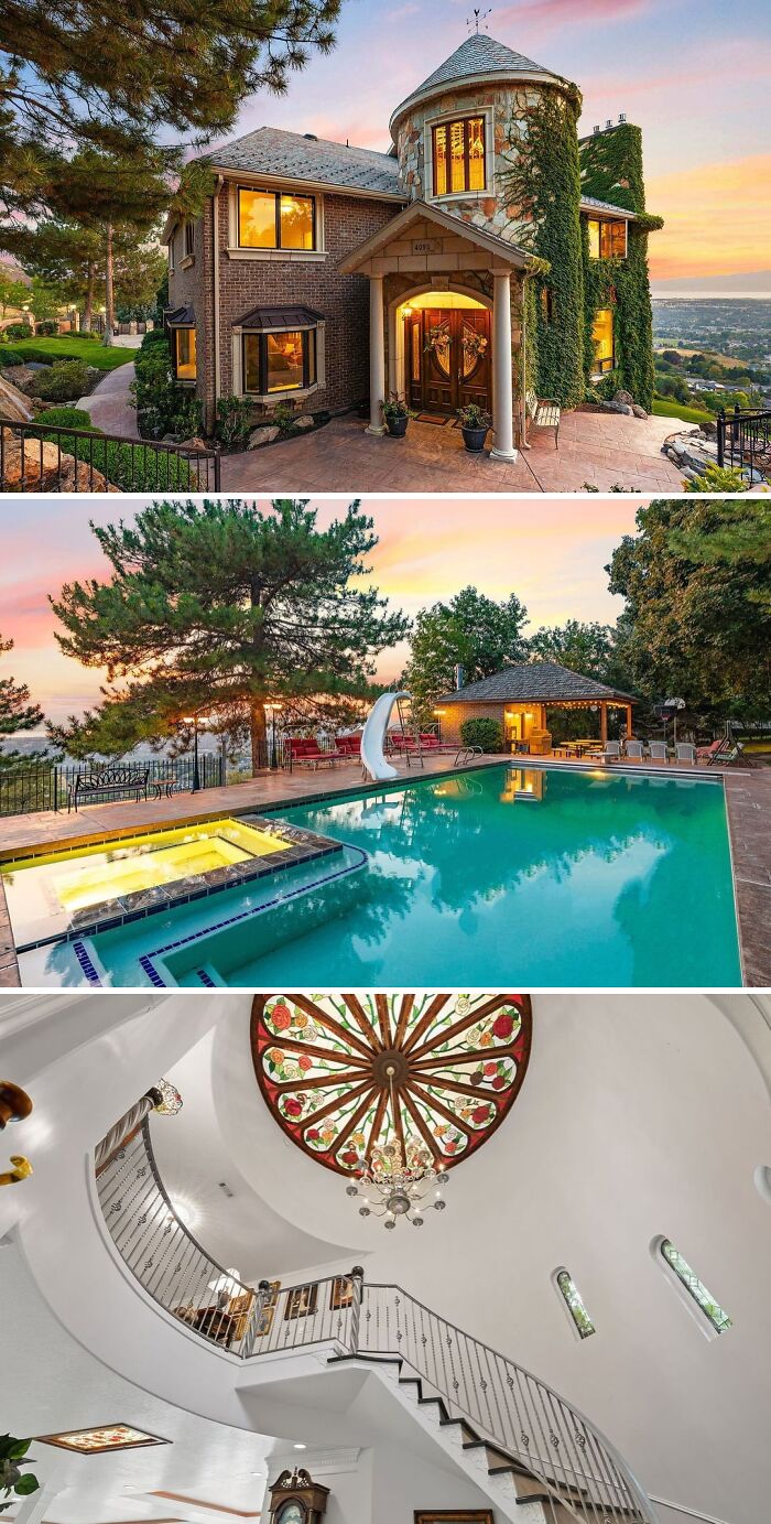 A luxurious cool home with a round stone tower entrance, lush landscaping, and a large swimming pool with panoramic views at sunset.