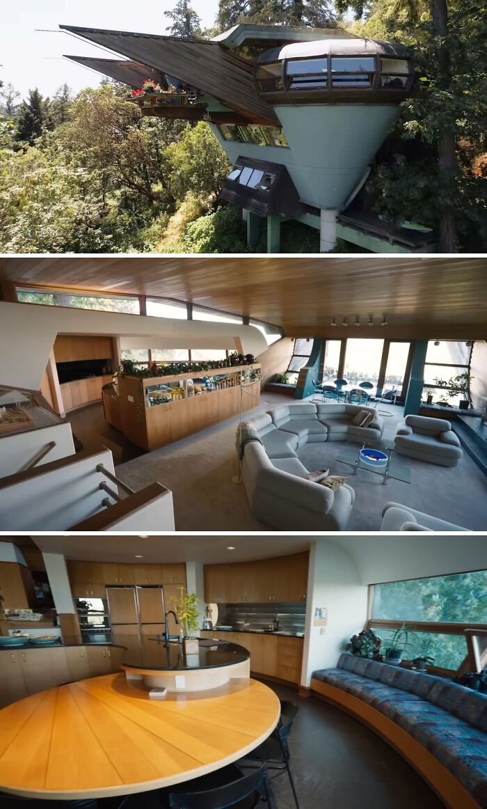 An unusual, unique treehouse-style home with multiple levels and expansive windows, blending into the surrounding forest.