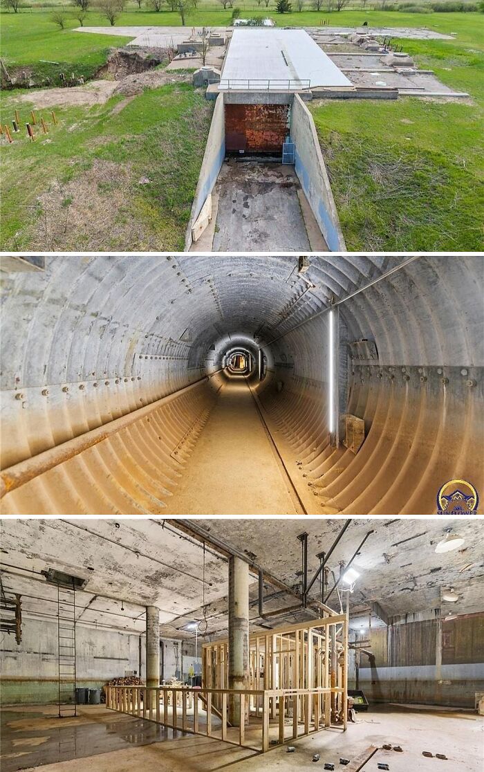 An aerial view of a desolate entrance to an underground bunker, a long concrete tunnel, and a vast industrial-style room under renovation, depicting unusual homes.