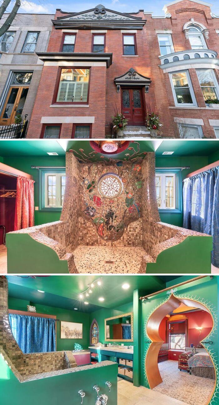 A unique red brick townhouse, a vibrant green bathroom with intricate mosaic tiles, and an exotic bedroom featuring a distinctive arched doorway, showcasing unusual homes.