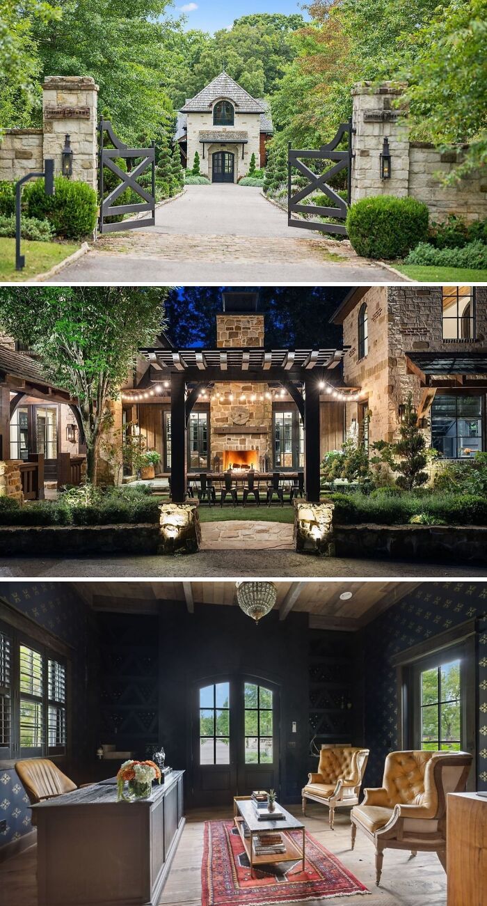 A grand stone house entrance with large black gates, a cozy outdoor seating area, and an elegant office interior, featuring cool unusual homes.