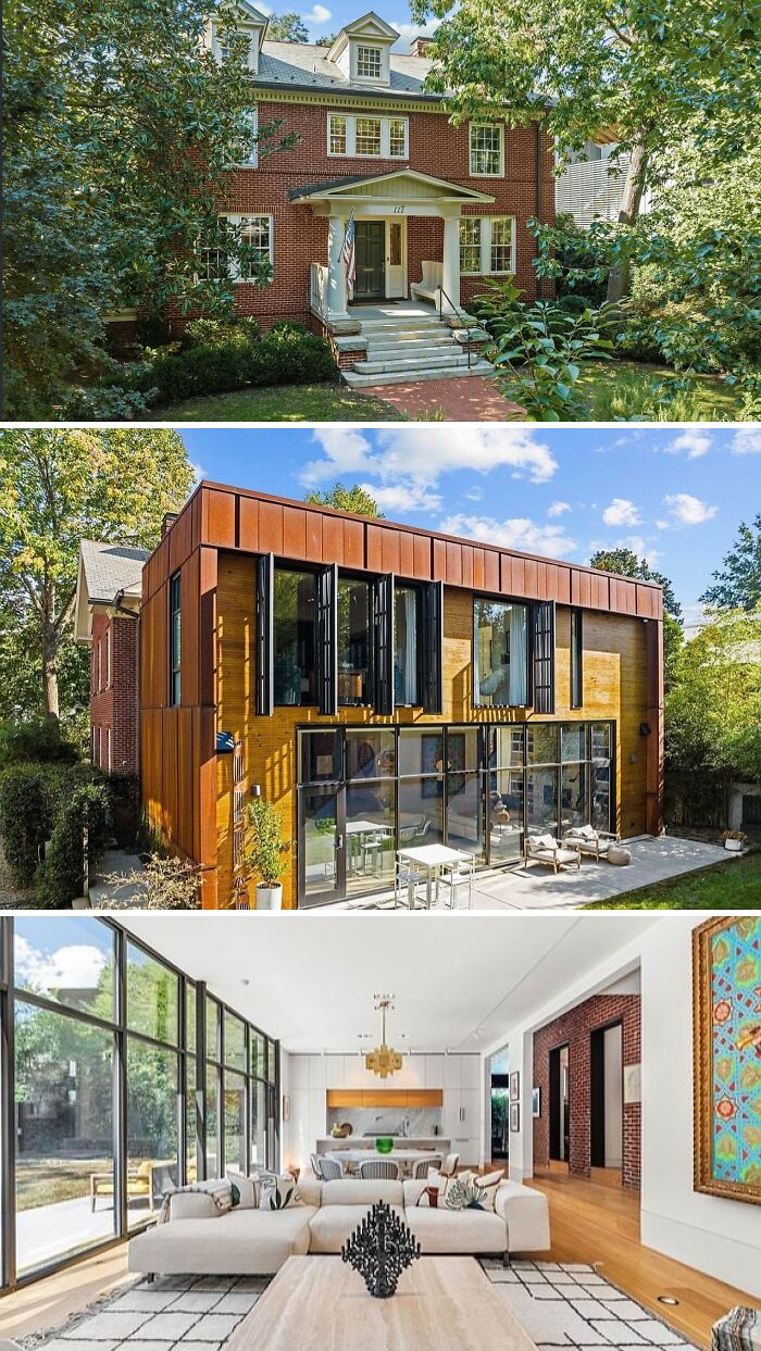 A traditional brick home and a modern extension, showcasing cool, wacky, and unusual architectural styles with an open living space.