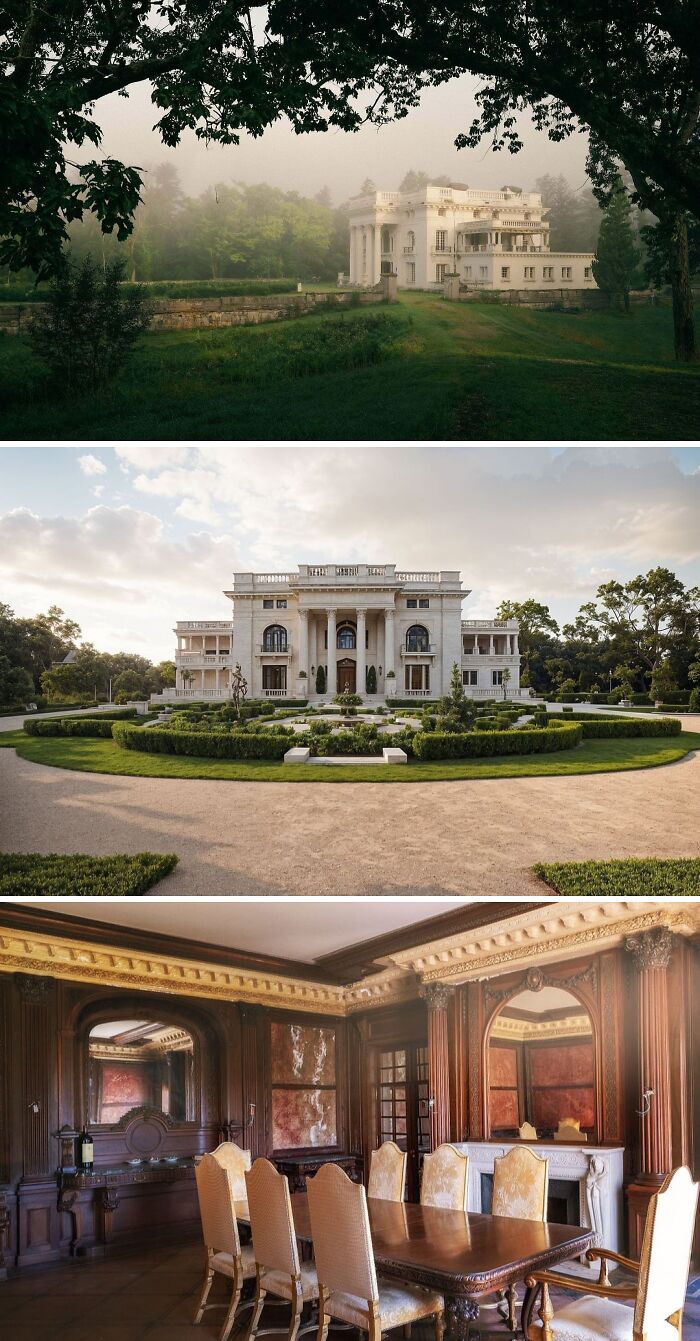 A cool and unusual grand estate, a white mansion surrounded by landscaped gardens and a formal dining room.