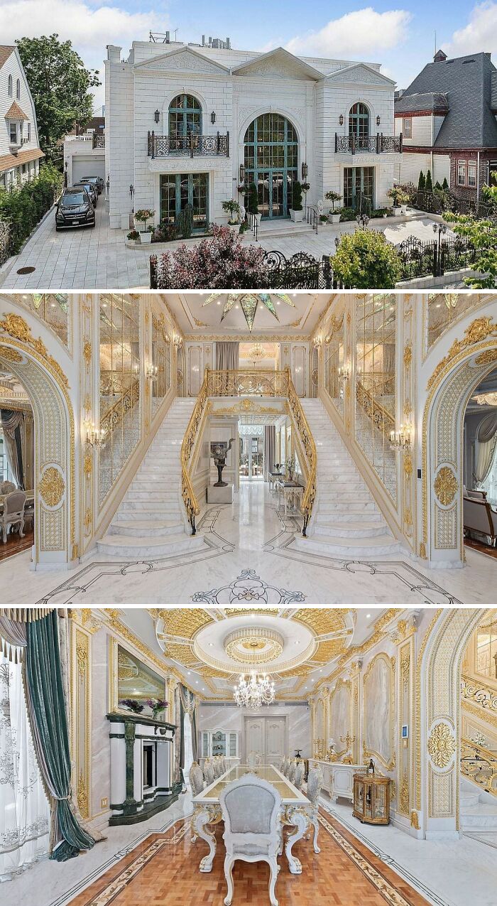 A grand white and gold mansion, an unusual home with an opulent interior featuring a double staircase and dining room.