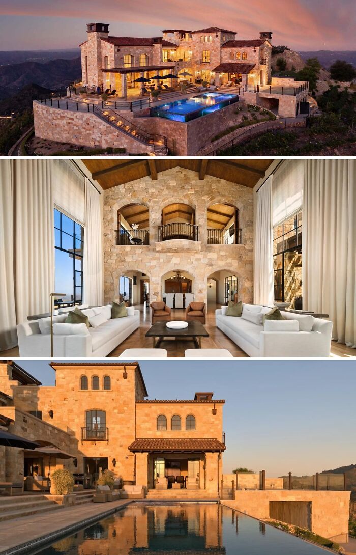 A cool and unusual luxurious home on a hill, featuring stone architecture, a large pool, and elegant interiors.