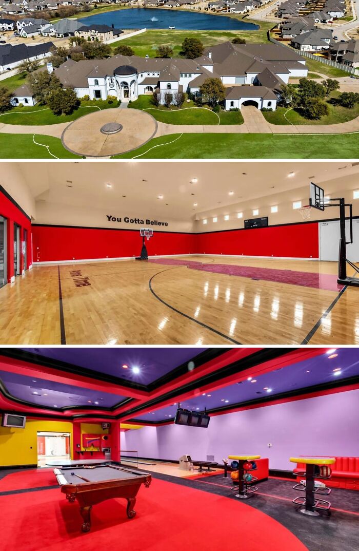 A cool and unusual sprawling home with a basketball court and a colorful entertainment room with a pool table and bowling alley.