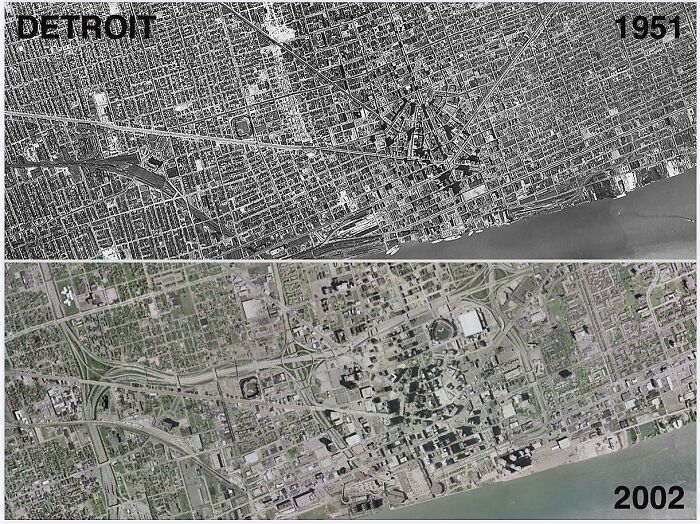 Before-and-after photos of Detroit, showing how much America has changed with urban development from 1951 to 2002.