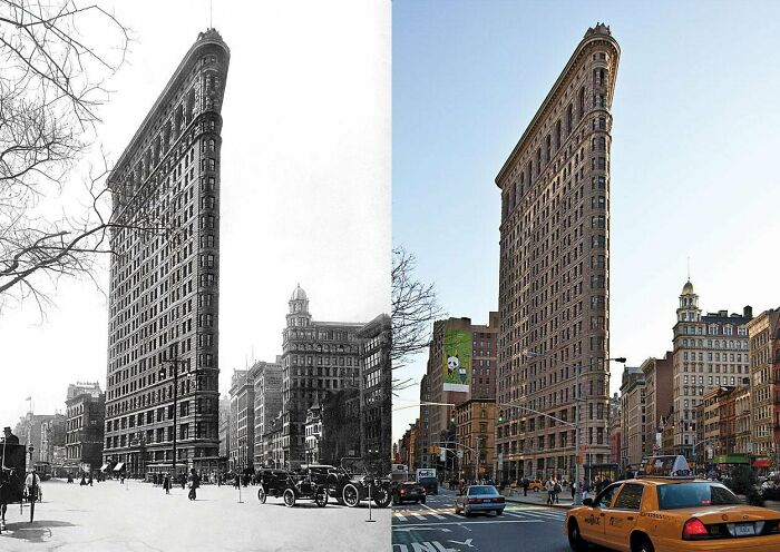 Before-and-after photos of the Flatiron Building in NYC, showing how much America has changed from early 1900s to modern day.