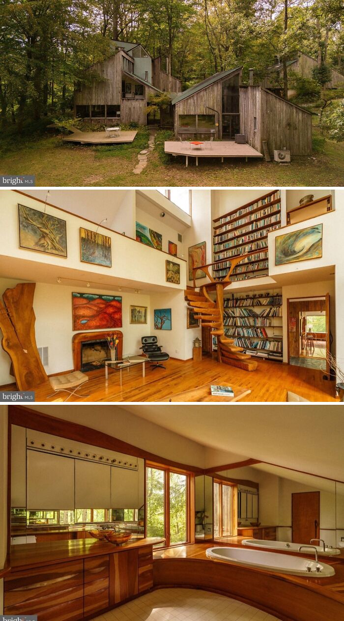 A cool and unusual home nestled in lush woods with unique architecture and stylish interior design.