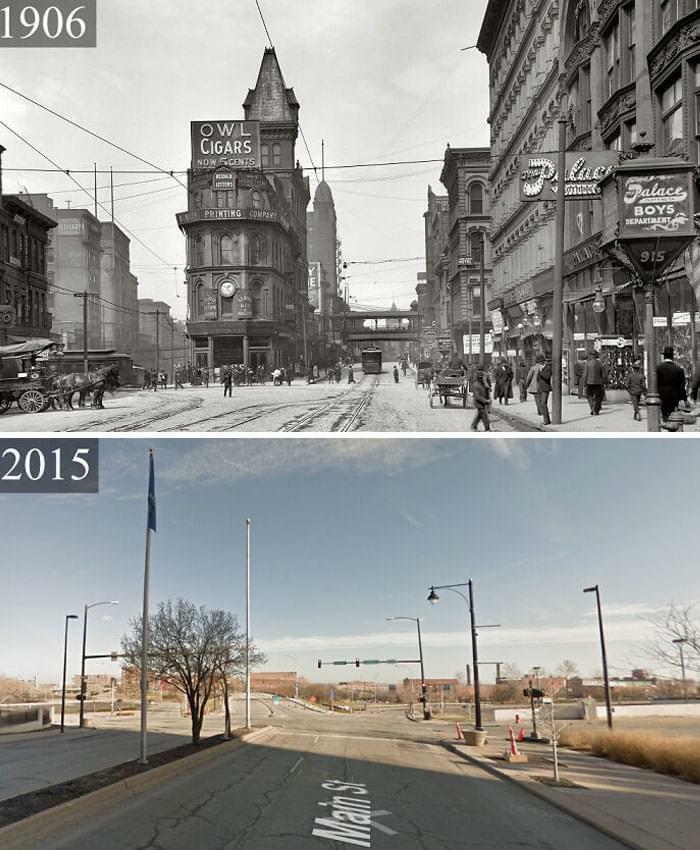 Before-and-after photos of a bustling city street in 1906 with horse-drawn carriages and a barren street in 2015, showing how much America has changed.