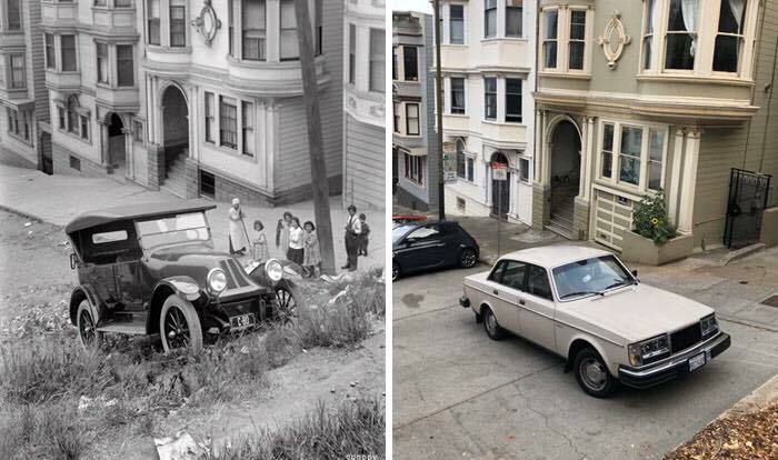 Before and after images of a San Francisco street, from a vintage car on a dirt hill to modern cars on a paved road, showing how much America has changed.