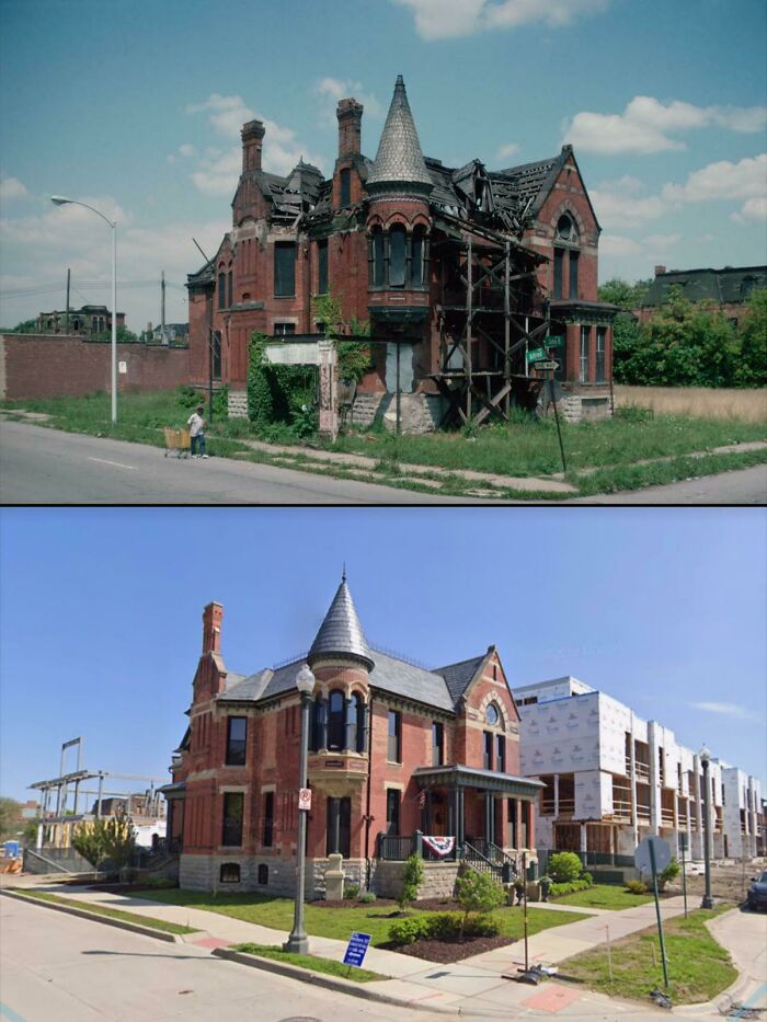 Two photos comparing a dilapidated historic red brick house with its fully restored version surrounded by new construction, showing how much America has changed.