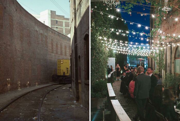Before and after photos of a narrow brick alley, once a train track and now a lively outdoor gathering space, showing how much America has changed.
