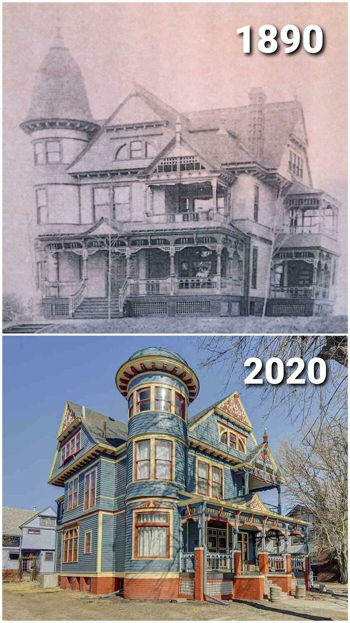Before and after photo comparison of a Victorian house from 1890 and 2020, illustrating how much America has changed.