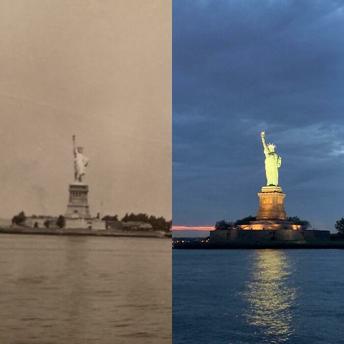 America changed: Statue of Liberty in a vintage photo versus a modern, illuminated night shot across the water.