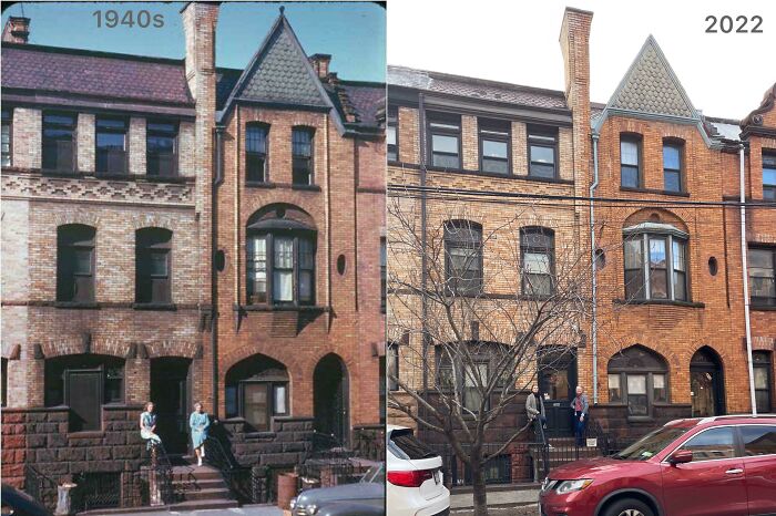America changed: A row of brownstone buildings in the 1940s contrasted with the same buildings in 2022.
