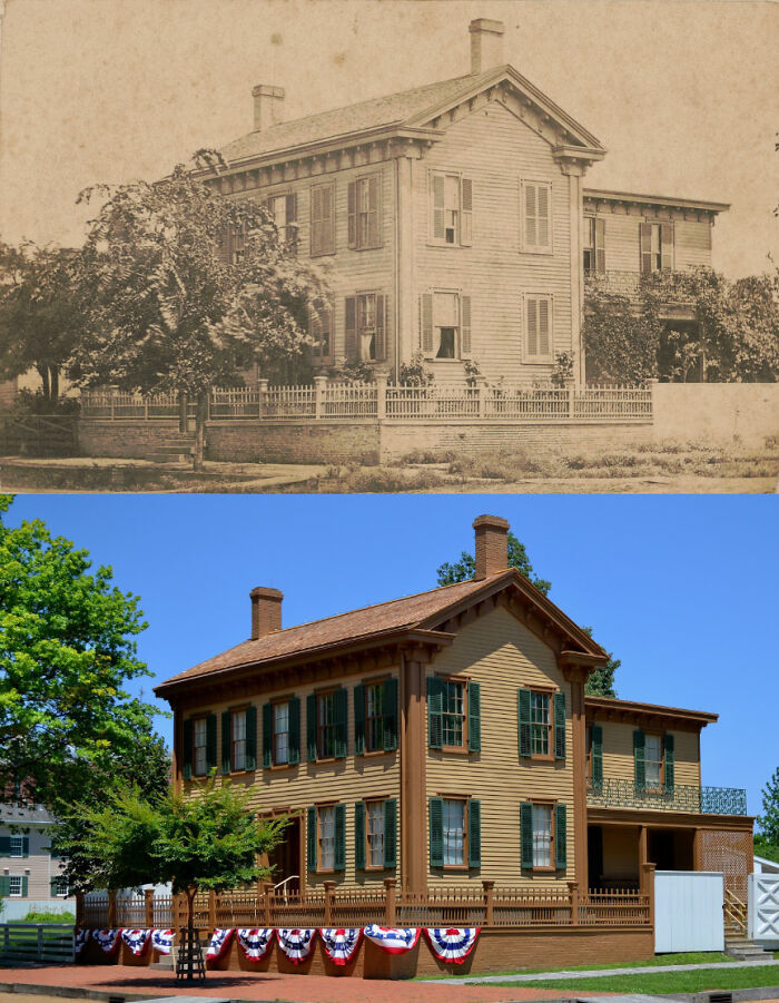 Before-and-after photos of a historic wooden house, showing its preservation and how much America has changed over time.