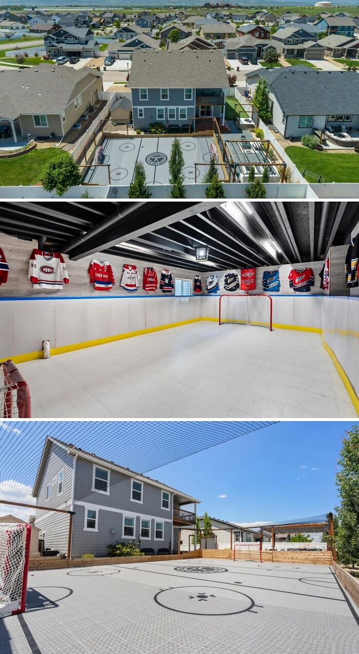 An aerial view of a cool, wacky, and unusual home featuring a backyard ice hockey rink and a room filled with hockey jerseys.