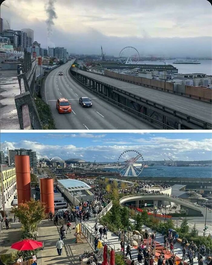 Before-and-after photos of a coastal city with a highway transforming into a vibrant waterfront park, depicting how much America has changed.