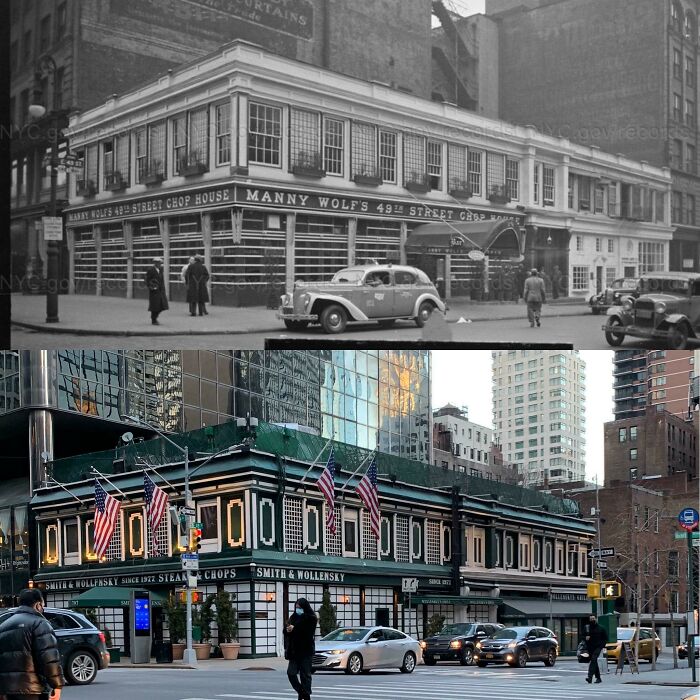 America changed: Manny Wolfs 49th Street Chop House then and Smith & Wollensky now, New York City before and after.
