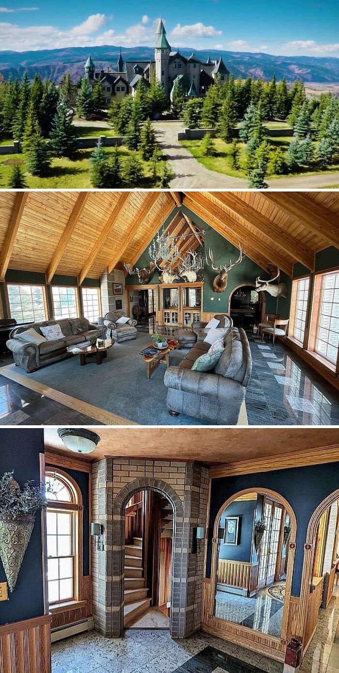 A majestic castle-like, unusual home nestled in a forest with an impressive interior featuring taxidermy and vaulted ceilings.