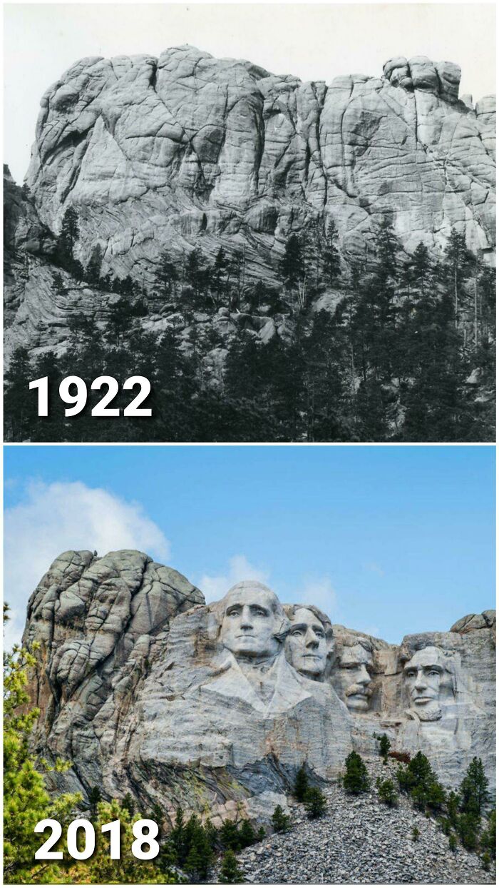 America changed: Mount Rushmore before and after, showing the carved presidential faces, highlighting the transformation of the landscape.
