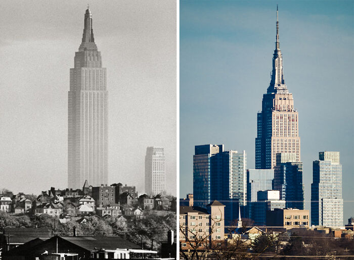 Before-and-after photos of the Empire State Building towering over a changing New York City skyline, showcasing how much America has changed.