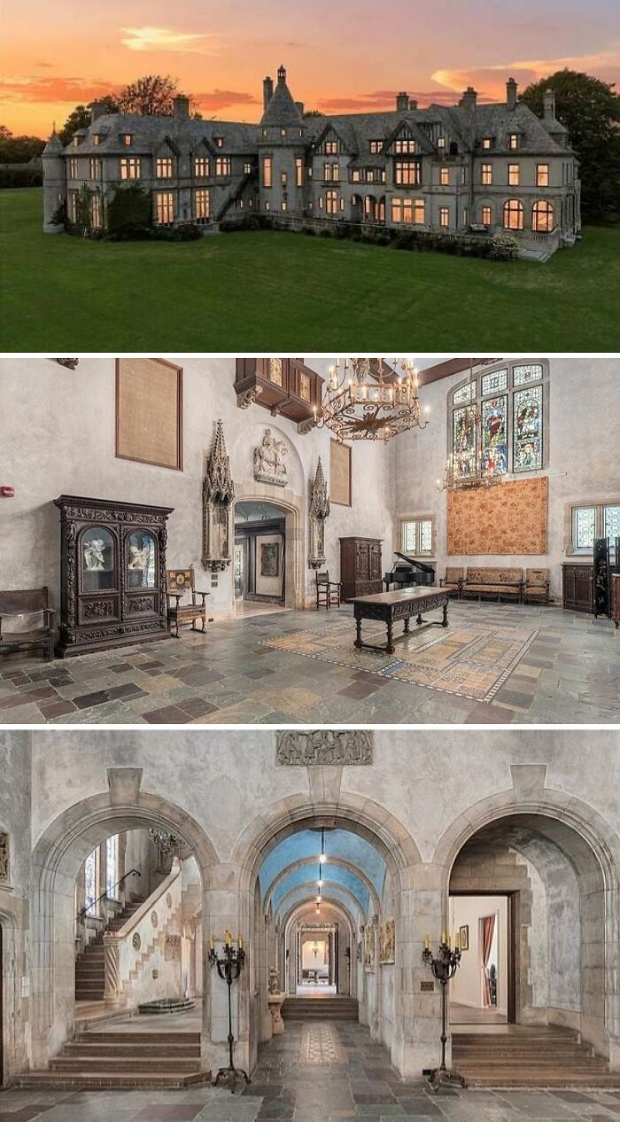 An impressive cool home, resembling a grand castle with intricate architecture and large windows, at sunset.