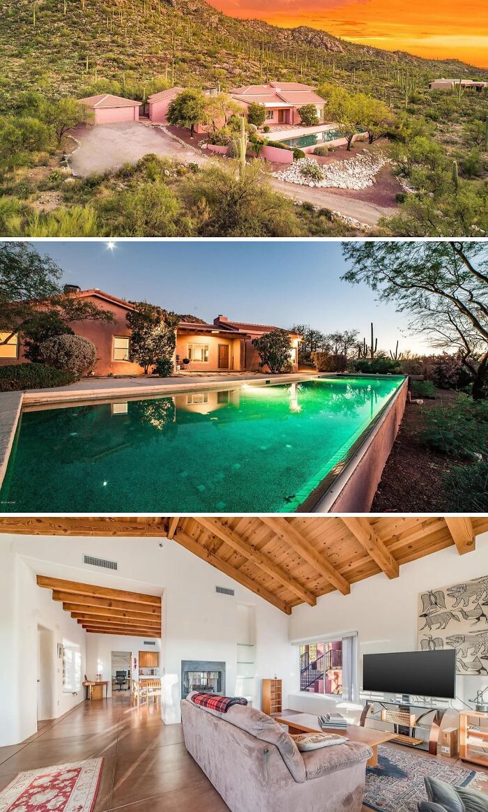 An unusual pink home with a pool nestled in a desert landscape, surrounded by saguaro cacti, under an orange sky.
