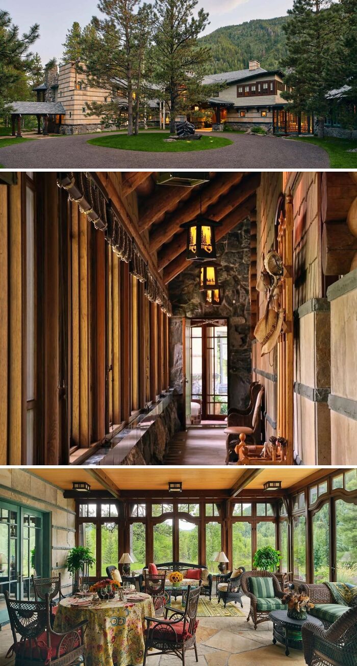 A cool and unusual home with natural wood and stone exteriors, a rustic wooden hallway, and a sunroom overlooking nature.