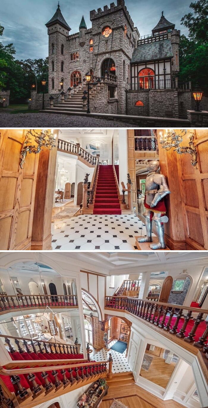 A magnificent castle, an unusual home with intricate stonework and a grand interior featuring a red carpeted staircase. Cool homes.