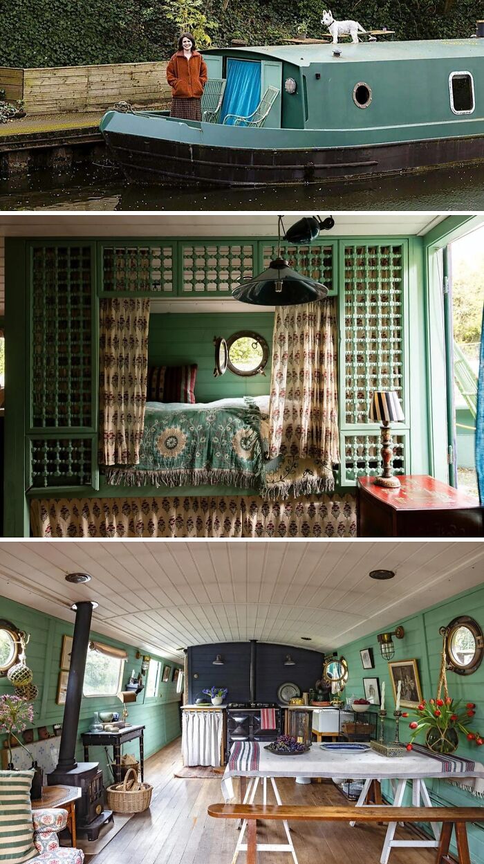 A woman on a vibrant green unusual home, a house boat on water, with a cozy bedroom interior and a charming living area. Wacky homes.